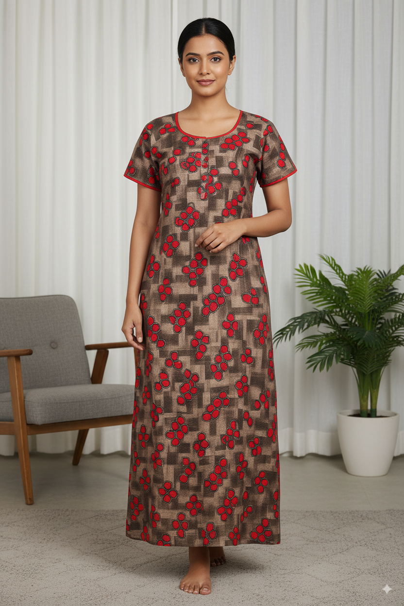 Bold Black & Brown Printed Nighty with Red Floral Motifs – Cotton Comfort