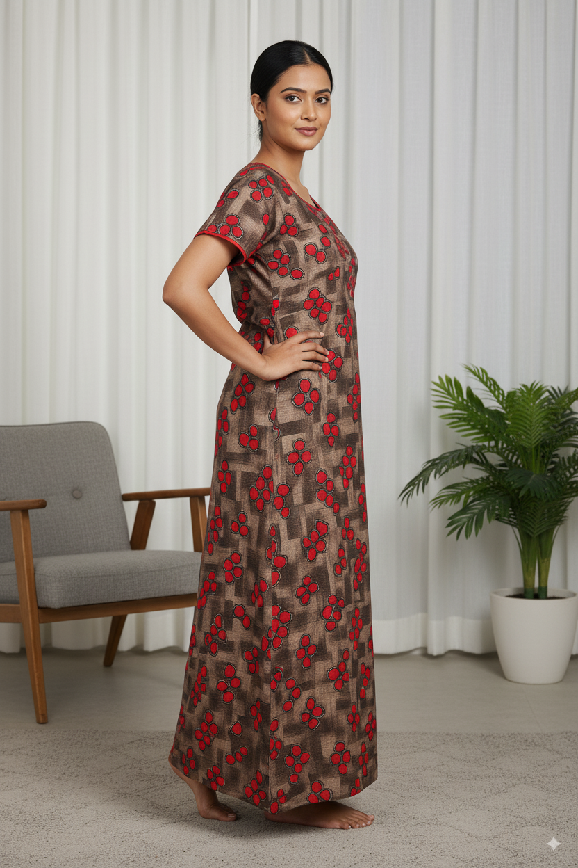 Bold Black & Brown Printed Nighty with Red Floral Motifs – Cotton Comfort