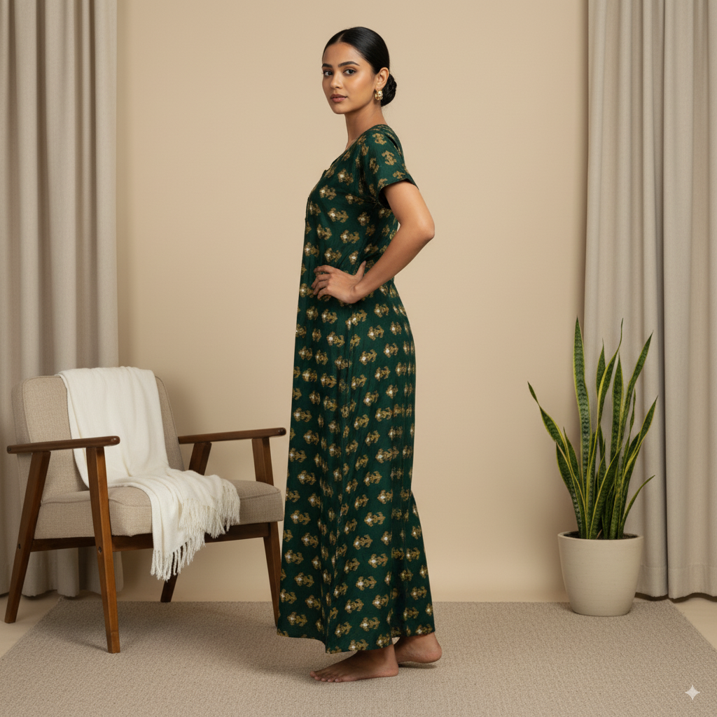 Rayon Nighty – Deep Green with Mustard Ikat-Inspired Print