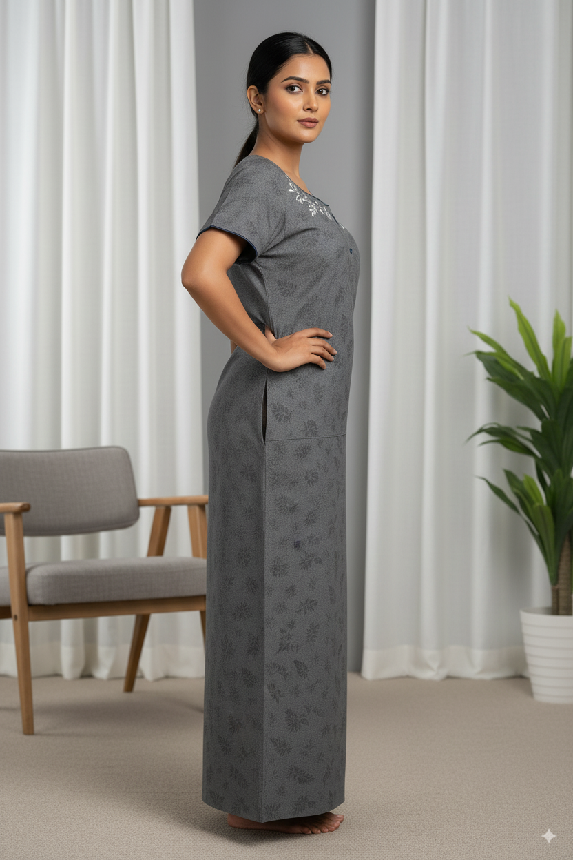 Elegant Grey Cotton Nighty with White Floral Neck Embroidery & Leaf Print