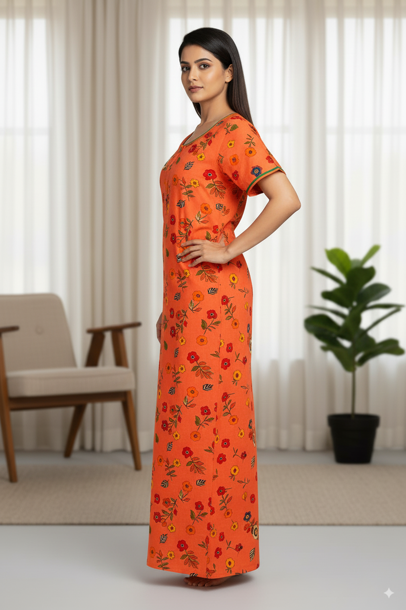 Bright Orange Floral Printed Cotton Nighty with Green Piping