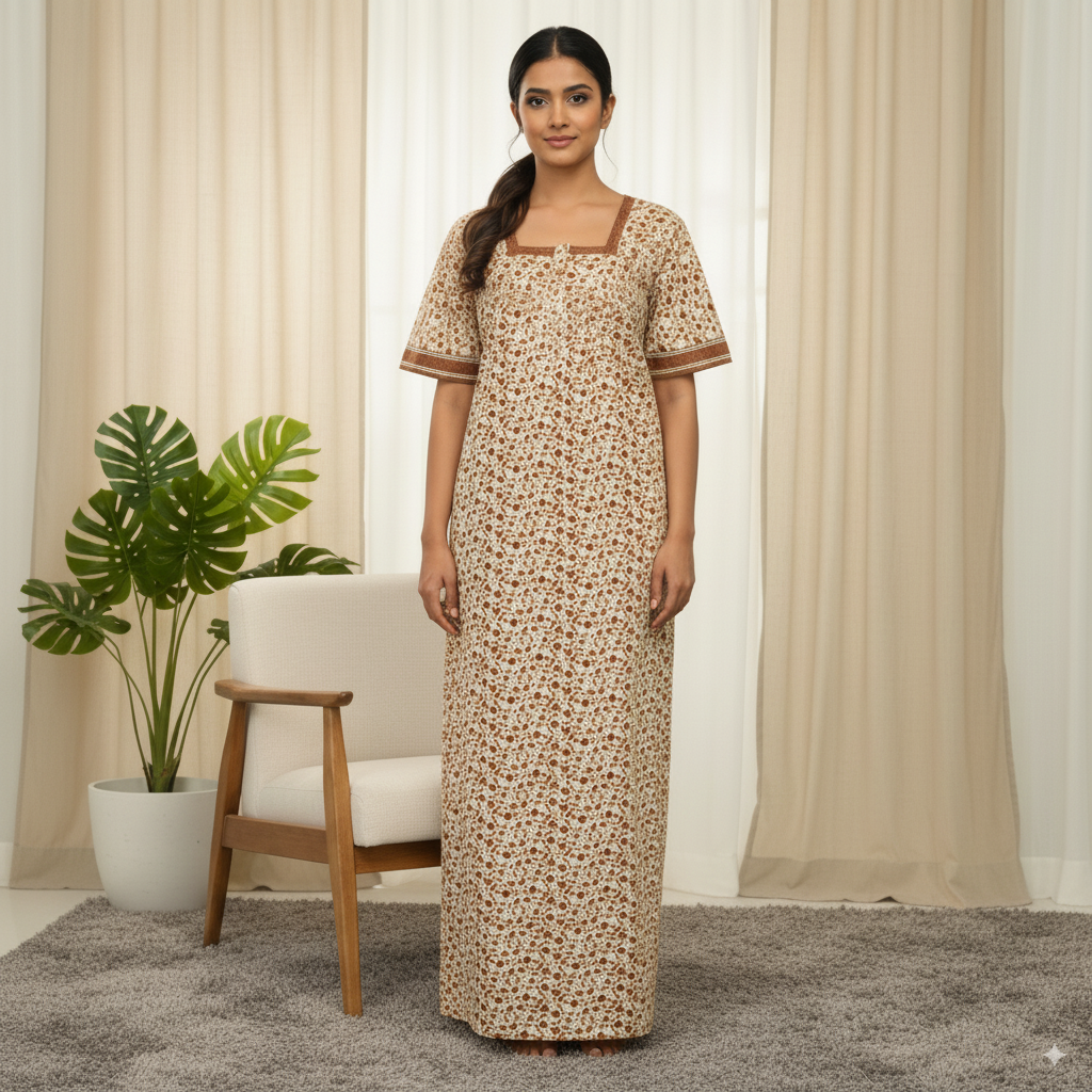 Jaipur Cotton Printed Nighty – Beige & Brown Floral