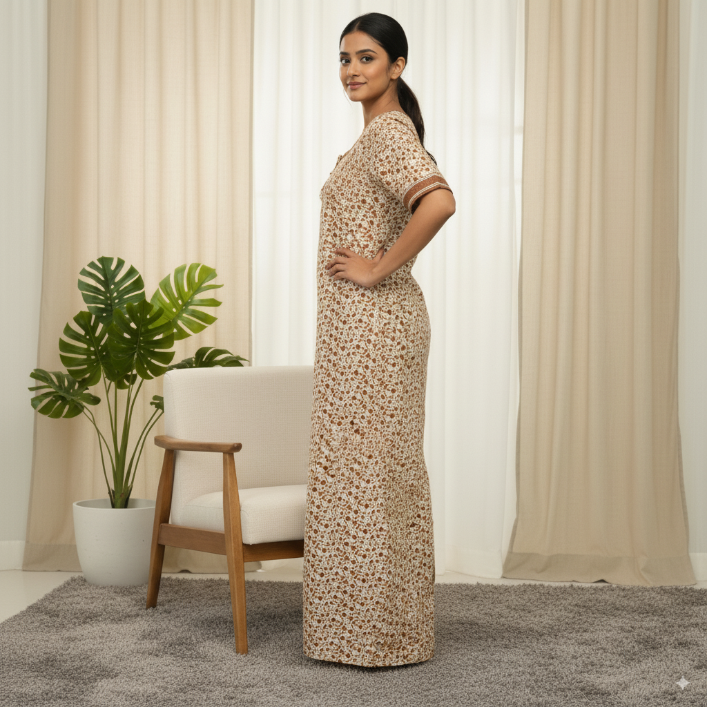 Jaipur Cotton Printed Nighty – Beige & Brown Floral