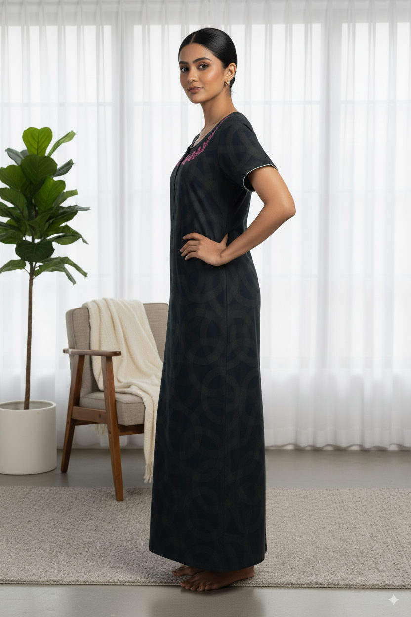 Elegant Black Circle Pattern Nighty with Pink Floral Neck Embroidery