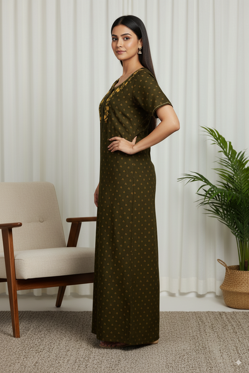Olive Green Cotton Nighty with Yellow Floral Embroidery & All-Over Print