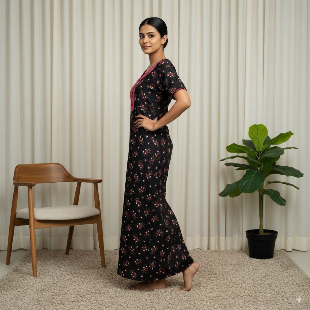 Rayon Nighty – Black Base with Floral Print and Pink Neck Panel