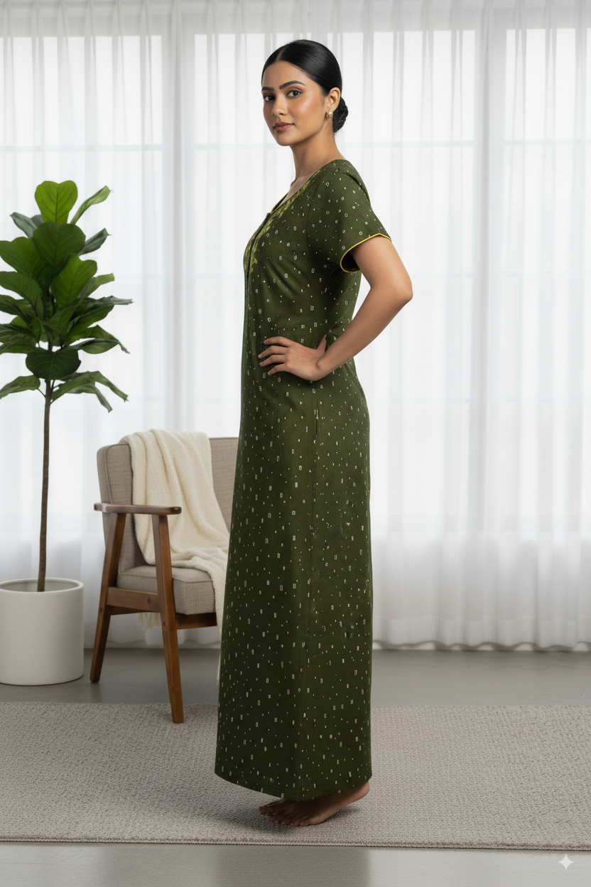 Olive Green Polka Printed Cotton Nighty with Blue Embroidered Neck