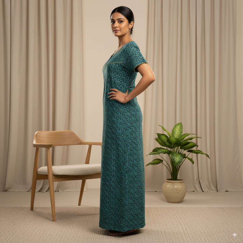 Elegant Green Floral Printed Nighty with Yellow Piping