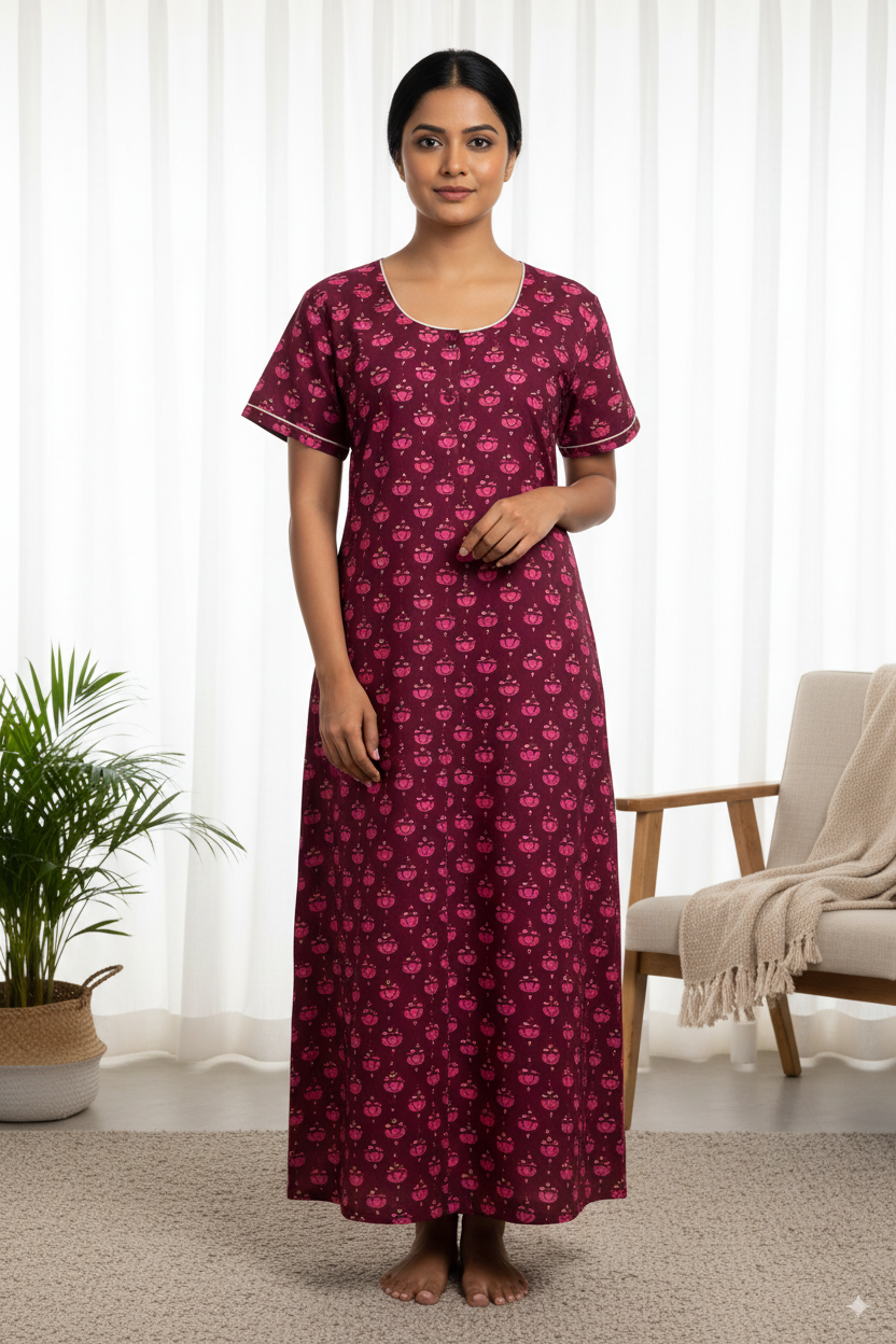 Maroon Floral Printed Cotton Nighty with Contrast Piping