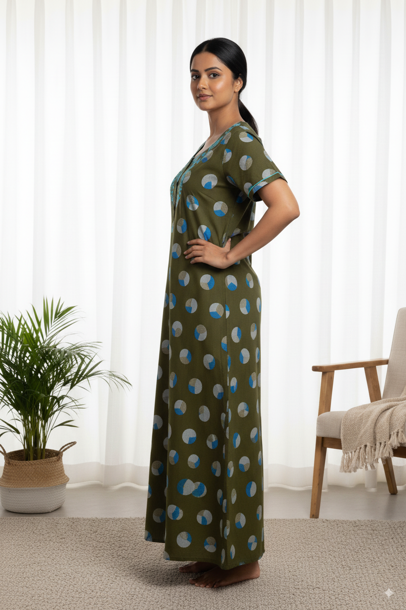 Olive Green Polka Printed Cotton Nighty with Blue Embroidered Neck