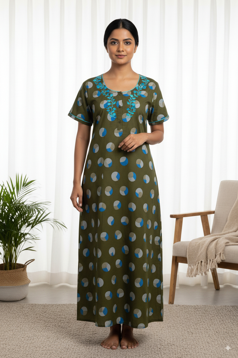 Olive Green Polka Printed Cotton Nighty with Blue Embroidered Neck