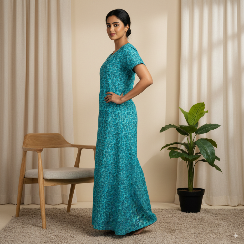 Teal Blue Tropical Leaf Printed Cotton Nighty