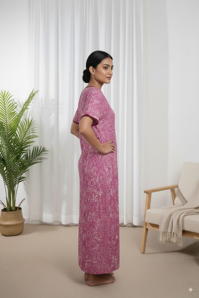 Magenta Abstract Printed Cotton Nighty with Contrast Neckline