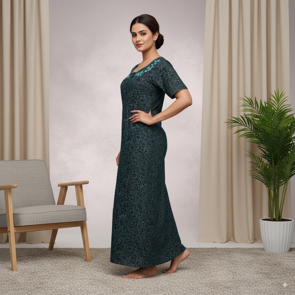 Women’s Premium Cotton Nighty with Embroidered Neckline – Teal Black