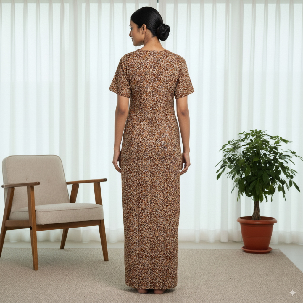 Elegant Satin Printed Nighty – Brown & Mustard Floral