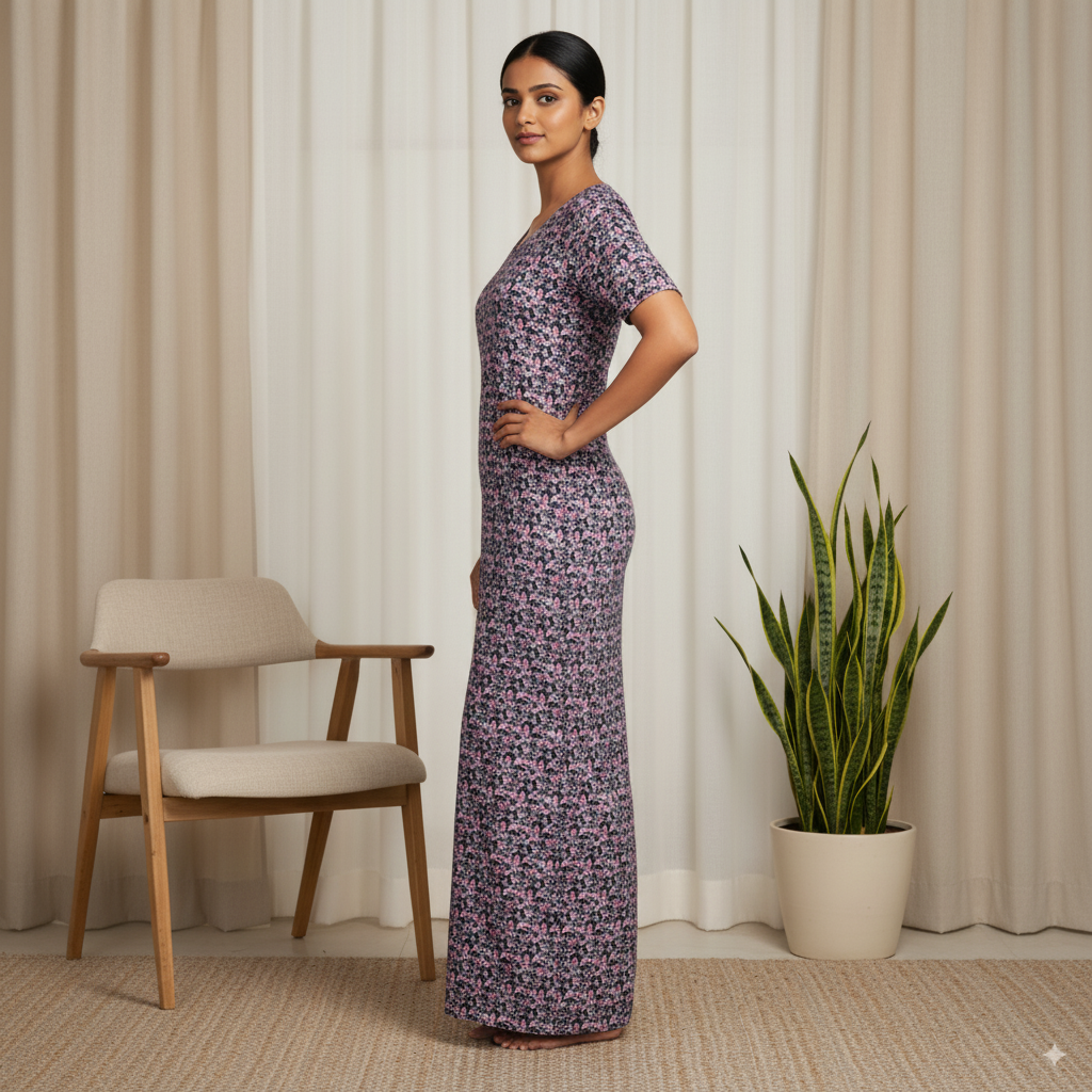 Black Floral Printed Cotton Nighty with Pink Accents