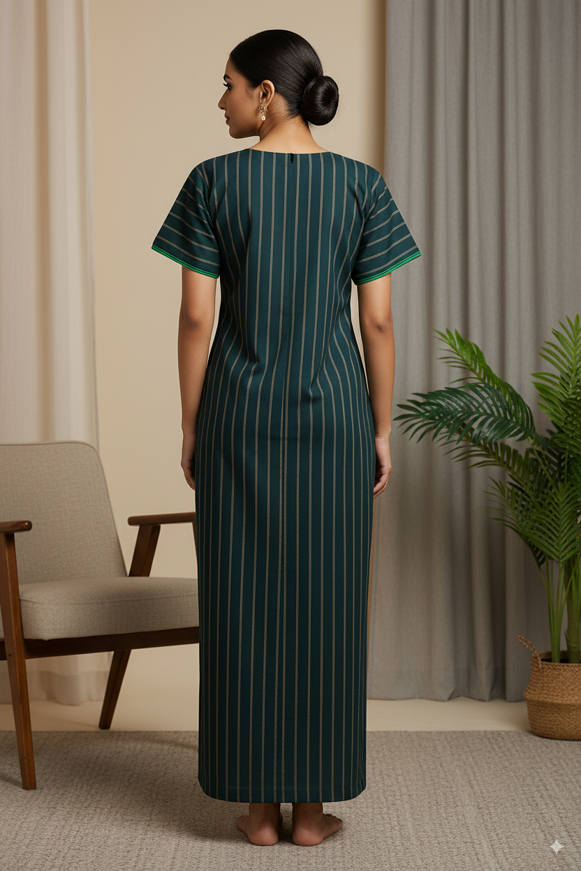 Elegant Striped Cotton Nighty with Green Embroidered Neck