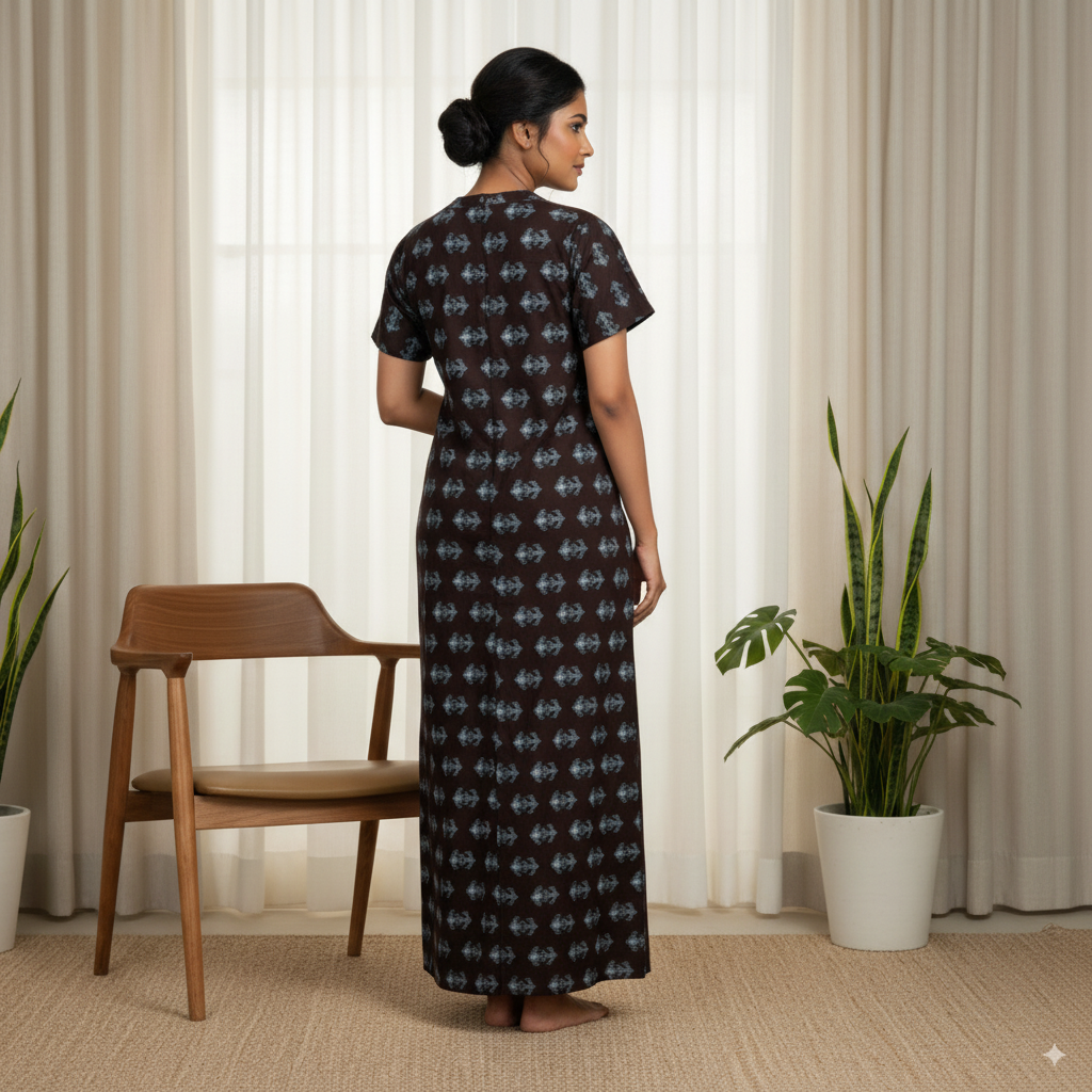 Rayon Heavy Nighty – Dark Brown with Grey Ikat-Inspired Print