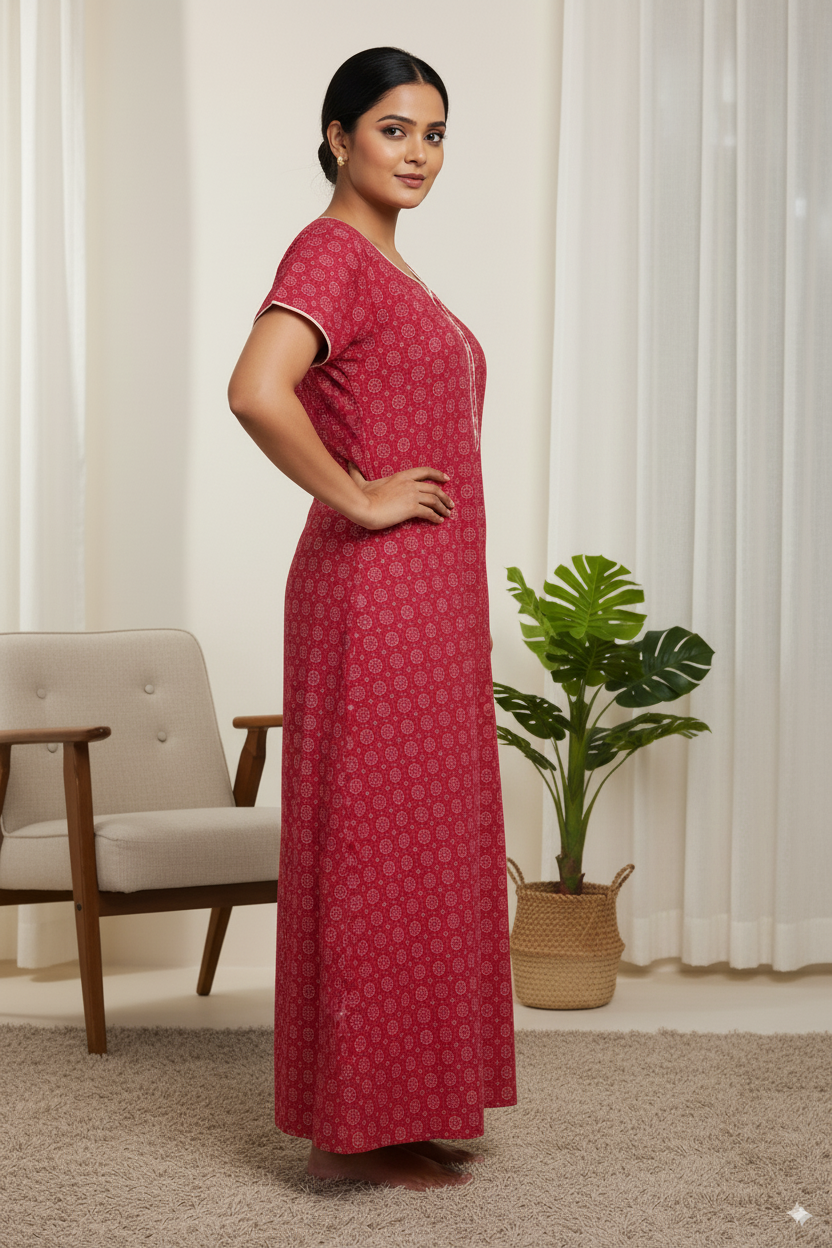 Graceful Pink Printed Cotton Nighty with Embroidered Neck