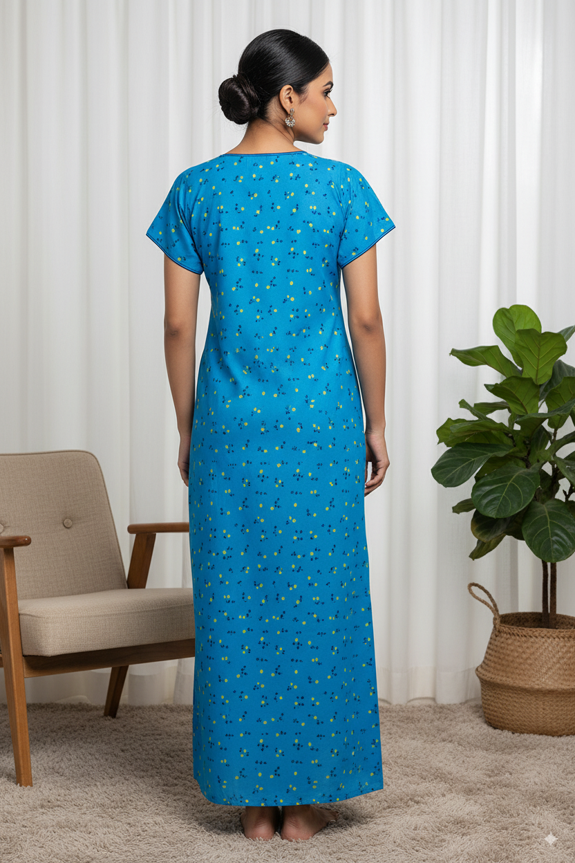 Elegant Blue Floral Printed Cotton Nighty