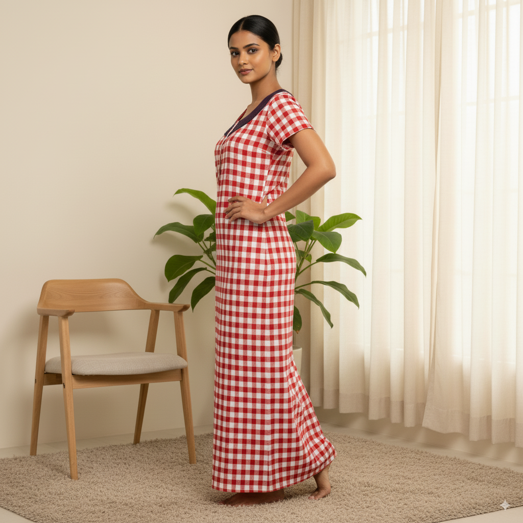 Rayon Heavy Nighty – Red & White Checkered with Navy Neckline