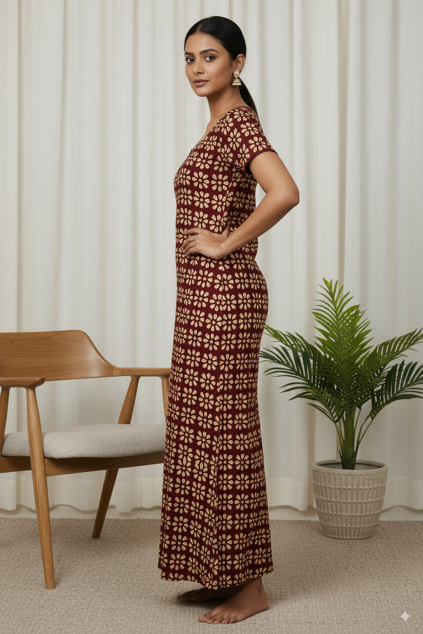 Alpine Cotton Nighty – Maroon Floral Print for Cozy Indian Evenings