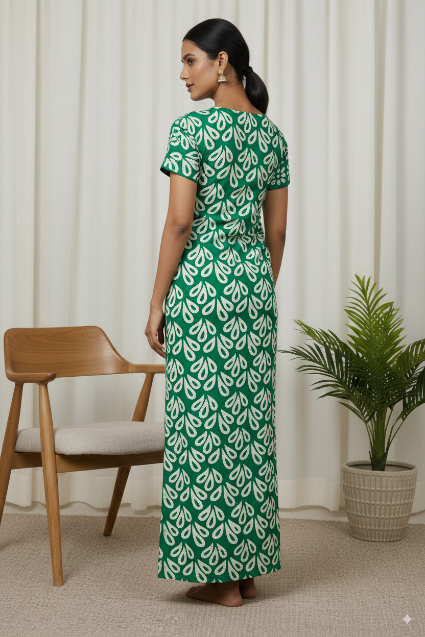 Batic Cotton Nighty – Bold Leaf Print Comfort Wear