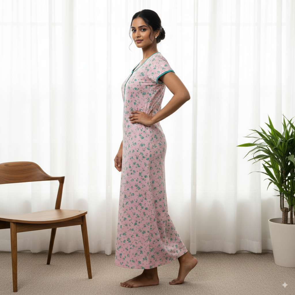 Pink Bisilizi Cotton Nighty – Soft Floral Nightwear for Indian Women