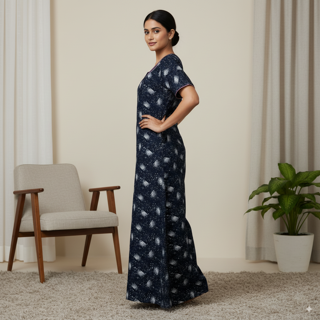 Stylish Rayon Heavy Nighty – Black with White Floral Print