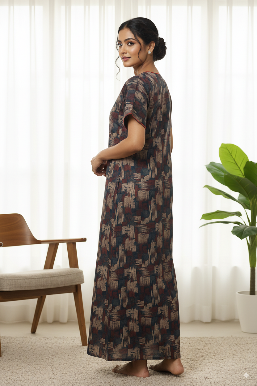 Alpine Abstract Print Silver Cotton Nighty – Soft & Stylish Sleepwear