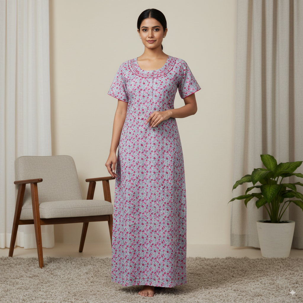 Satin Floral Nighty – Sky Blue with Pink Accents