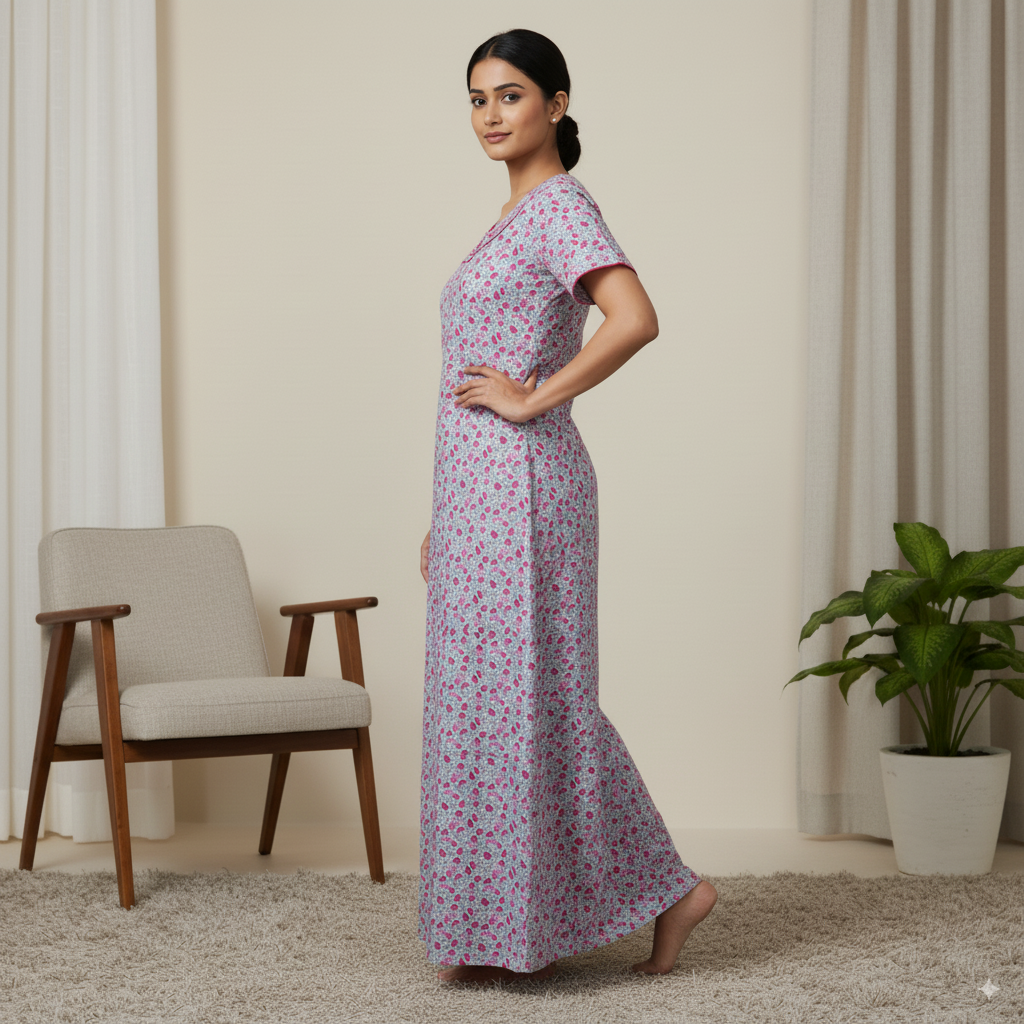 Satin Floral Nighty – Sky Blue with Pink Accents