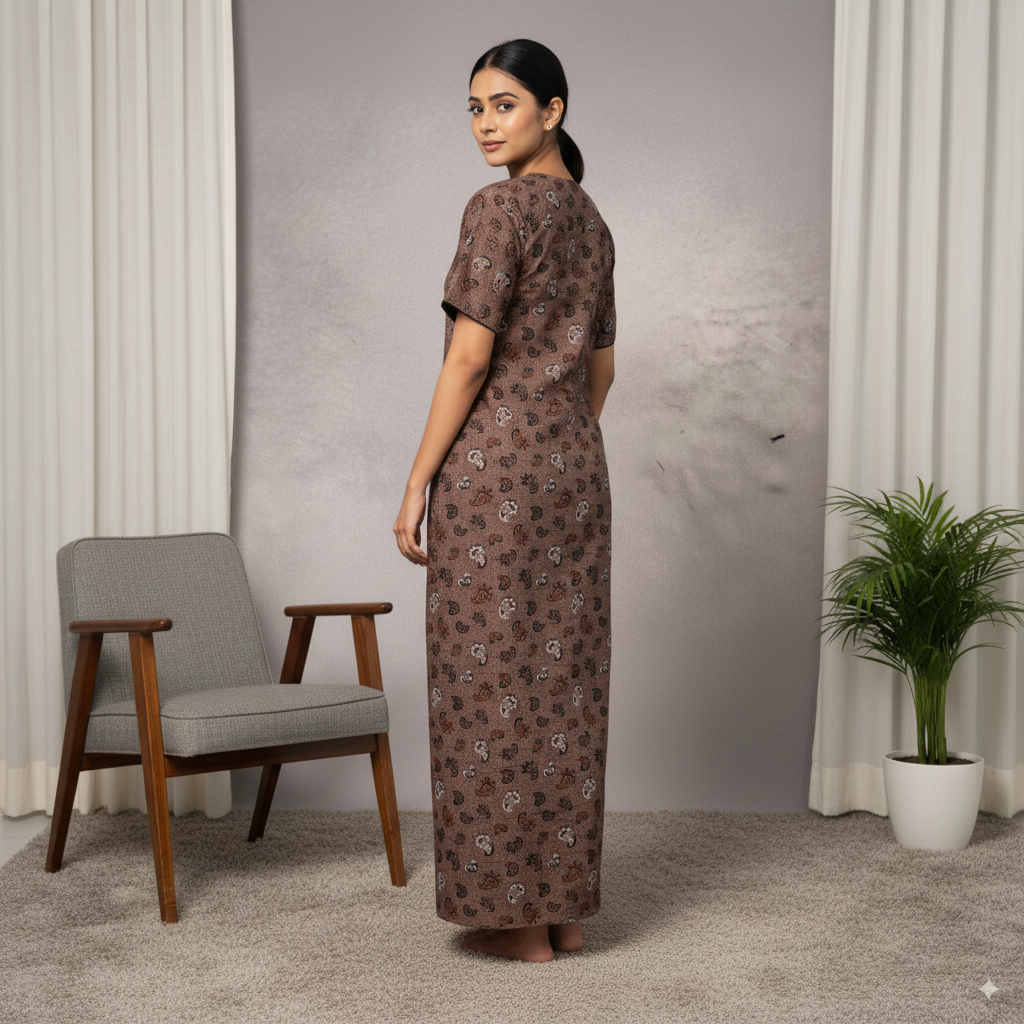 Brown Printed Cotton Nighty with Contrast Black Neck Design