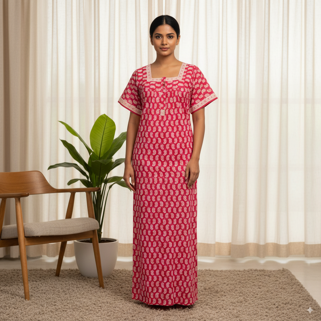 Elegant Jaipur Cotton Nighty – Pink with White Paisley Print