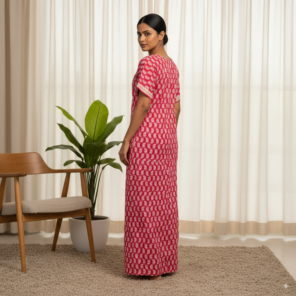 Elegant Jaipur Cotton Nighty – Pink with White Paisley Print
