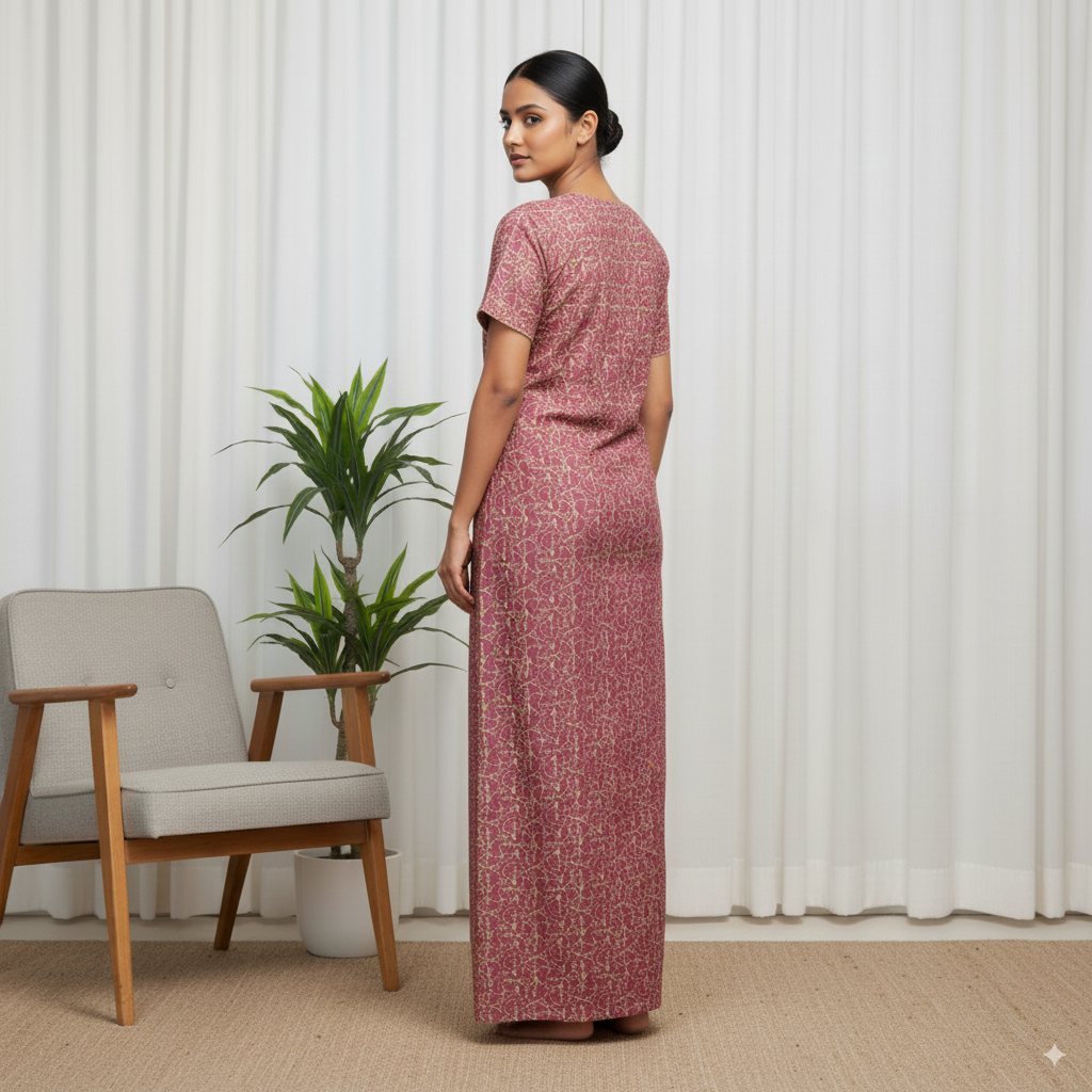 Elegant Satin Finish Printed Nighty in Pink & Gold