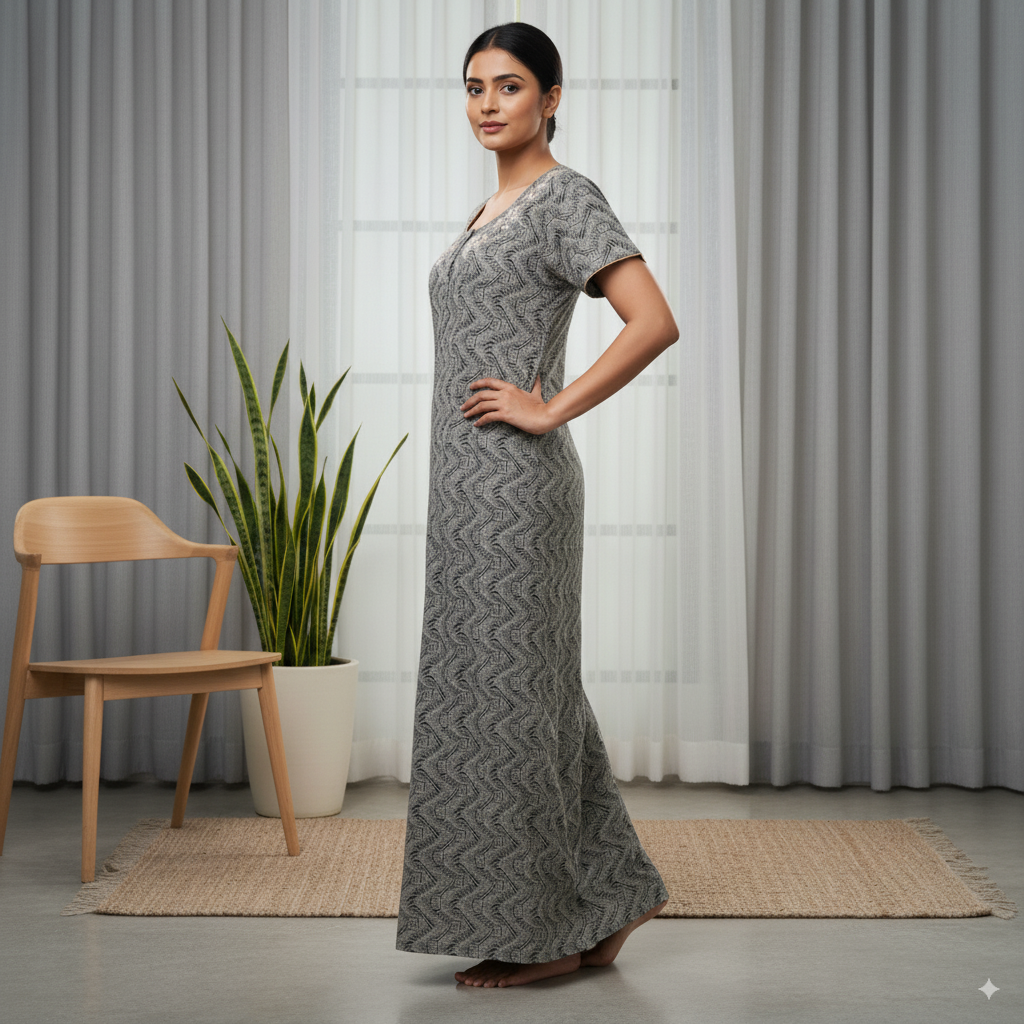 Classic Grey Printed Cotton Nighty with Floral Embroidery