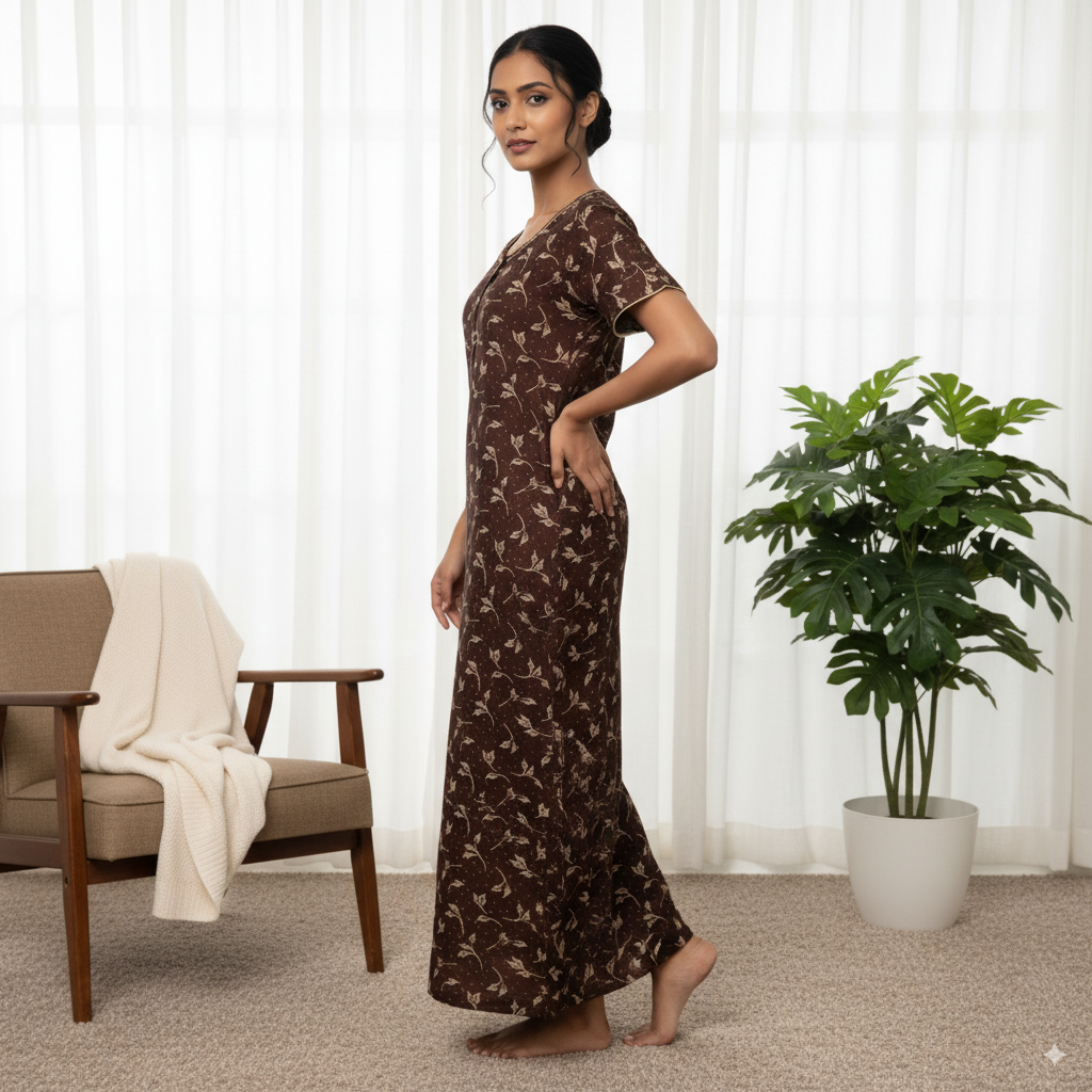 Elegant Brown Printed Cotton Nighty