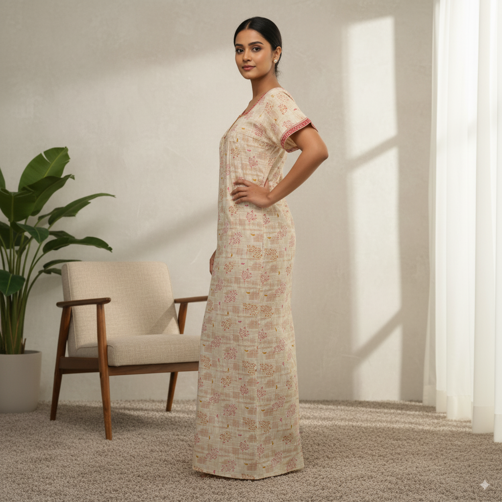 Beige Printed Cotton Nighty with Red Border Detailing