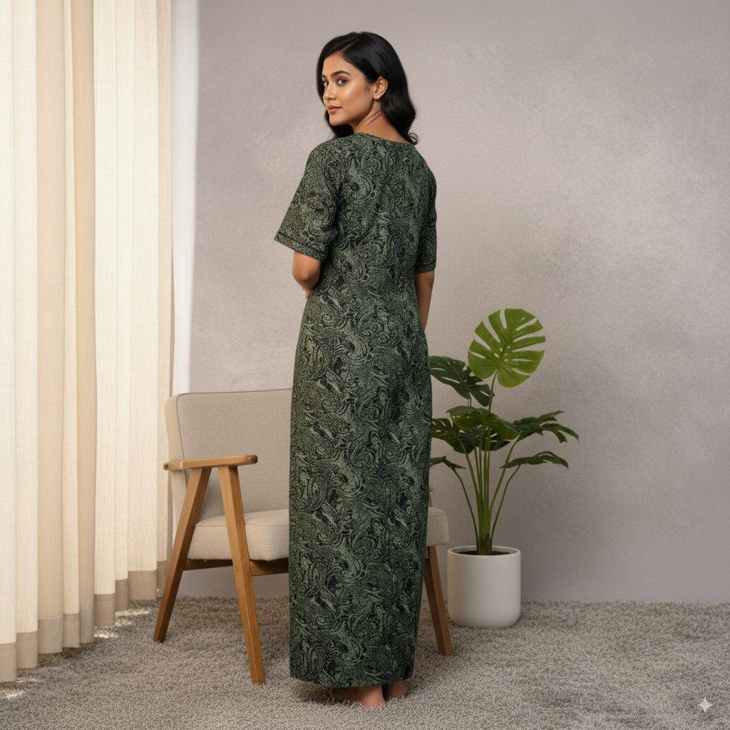 Elegant Olive Green Printed Nighty with Embroidered Neckline