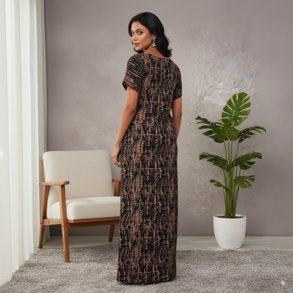 Premium Cotton Nighty – Black with Peach Abstract Print & Embroidered Neckline