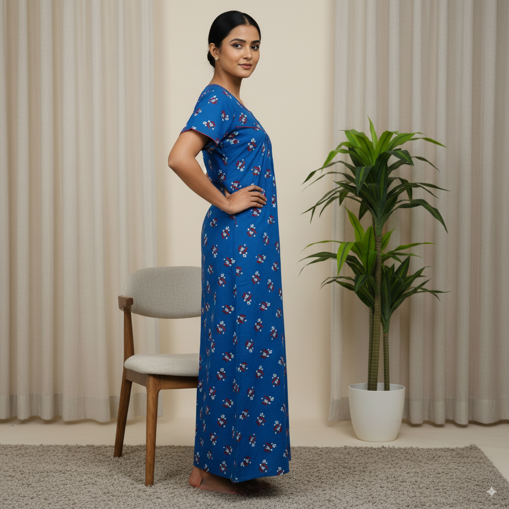 Royal Blue Floral Printed Nighty with Red Piping
