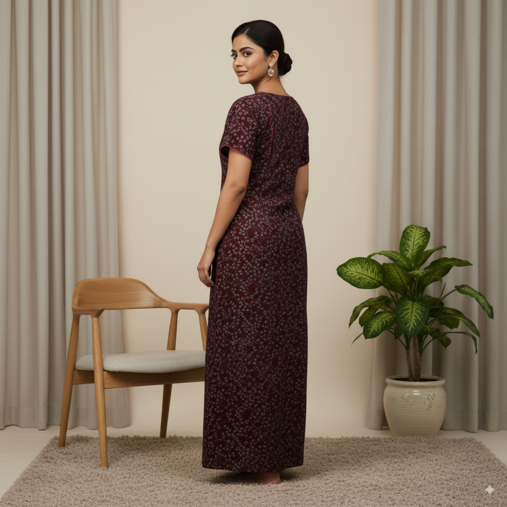 Dark Maroon Floral Nighty with Pink Embroidered Square Neck