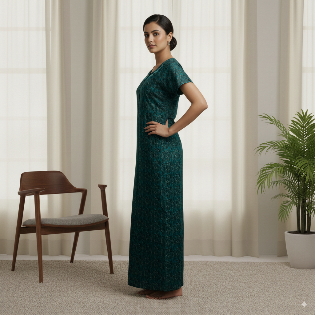 Elegant Dark Teal Printed Nighty with Embroidered Neckline