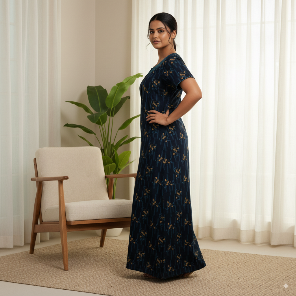 Elegant Navy Blue Floral Printed Cotton Nighty