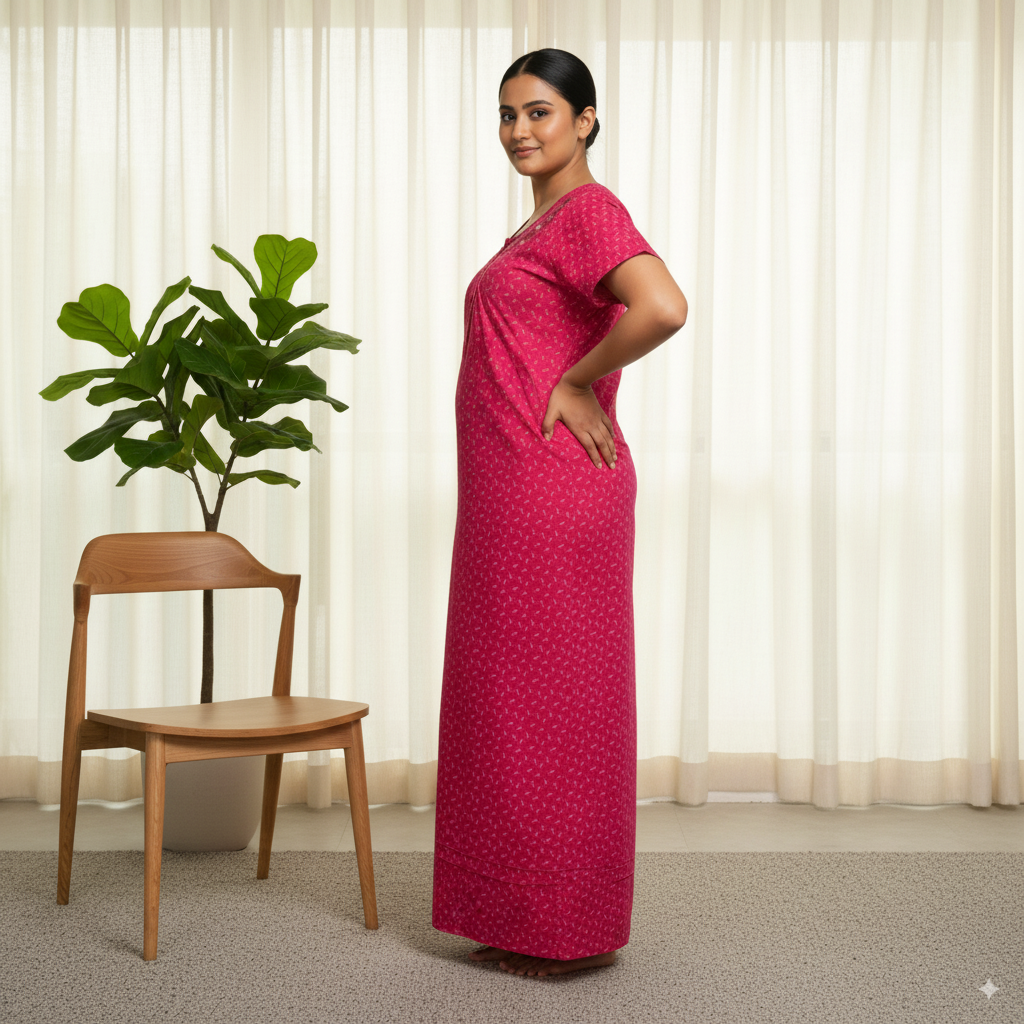 Magenta Pink Printed Nighty with Embroidered Neckline