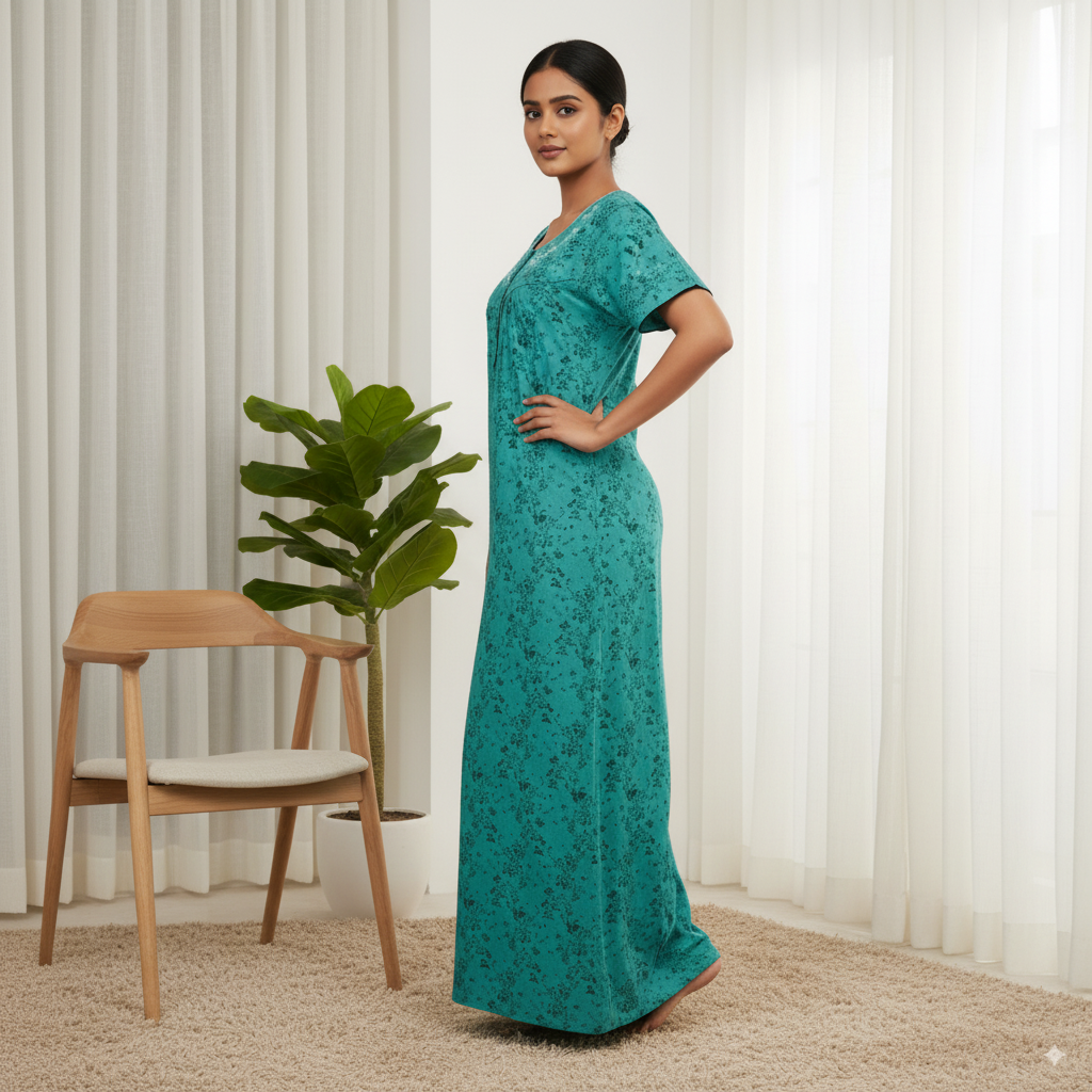 Teal Green Floral Printed Nighty with Embroidered Neckline