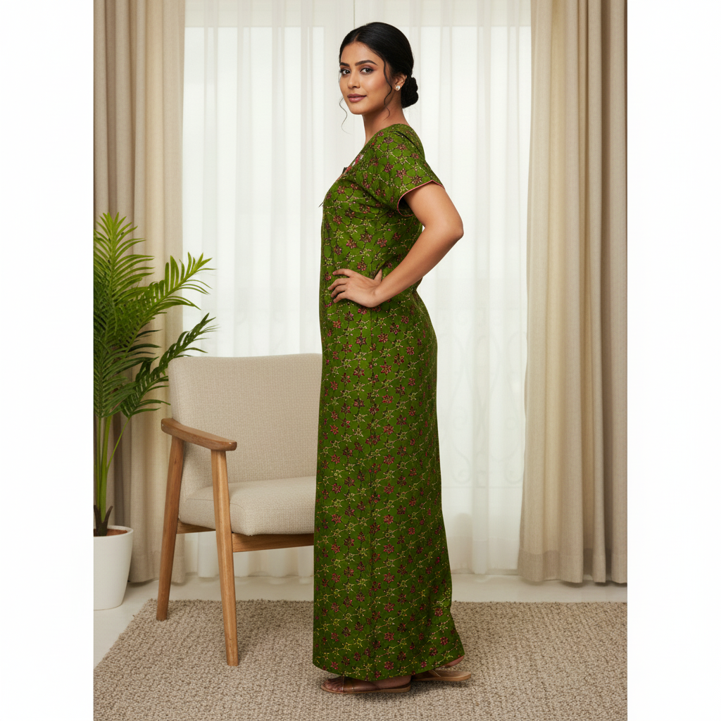 Olive Green Printed Cotton Nighty with Embroidered Neckline