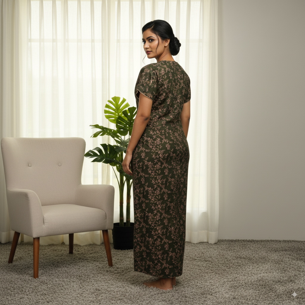 Olive Green Floral Printed Nighty with Contrast Piping