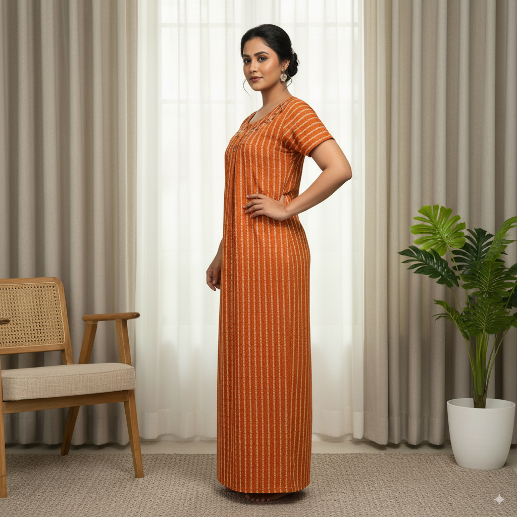 Rust Orange Striped Nighty with Embroidered Neckline